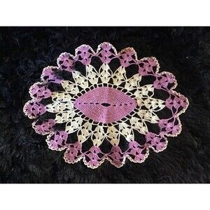 Handmade Crochet Doily White Purple Oval Vintage/Antique Cottage Farmhouse